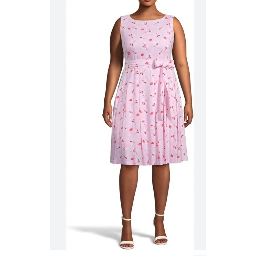 Anne Klein Plus Size Striped Linen Belted  Shirtdress Poppy Combo 16W Pink Nwt
